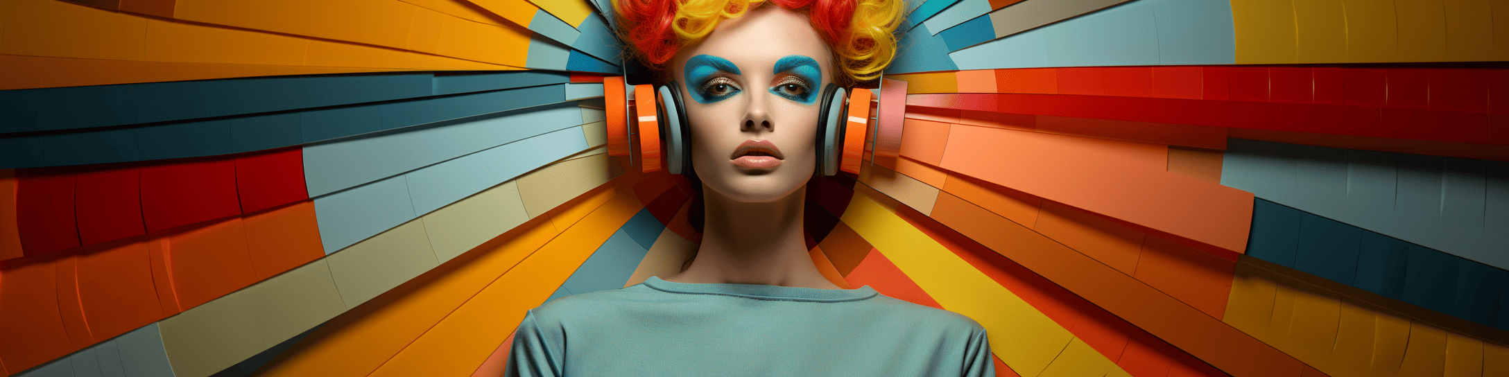 Woman with headphones with background colour wheel