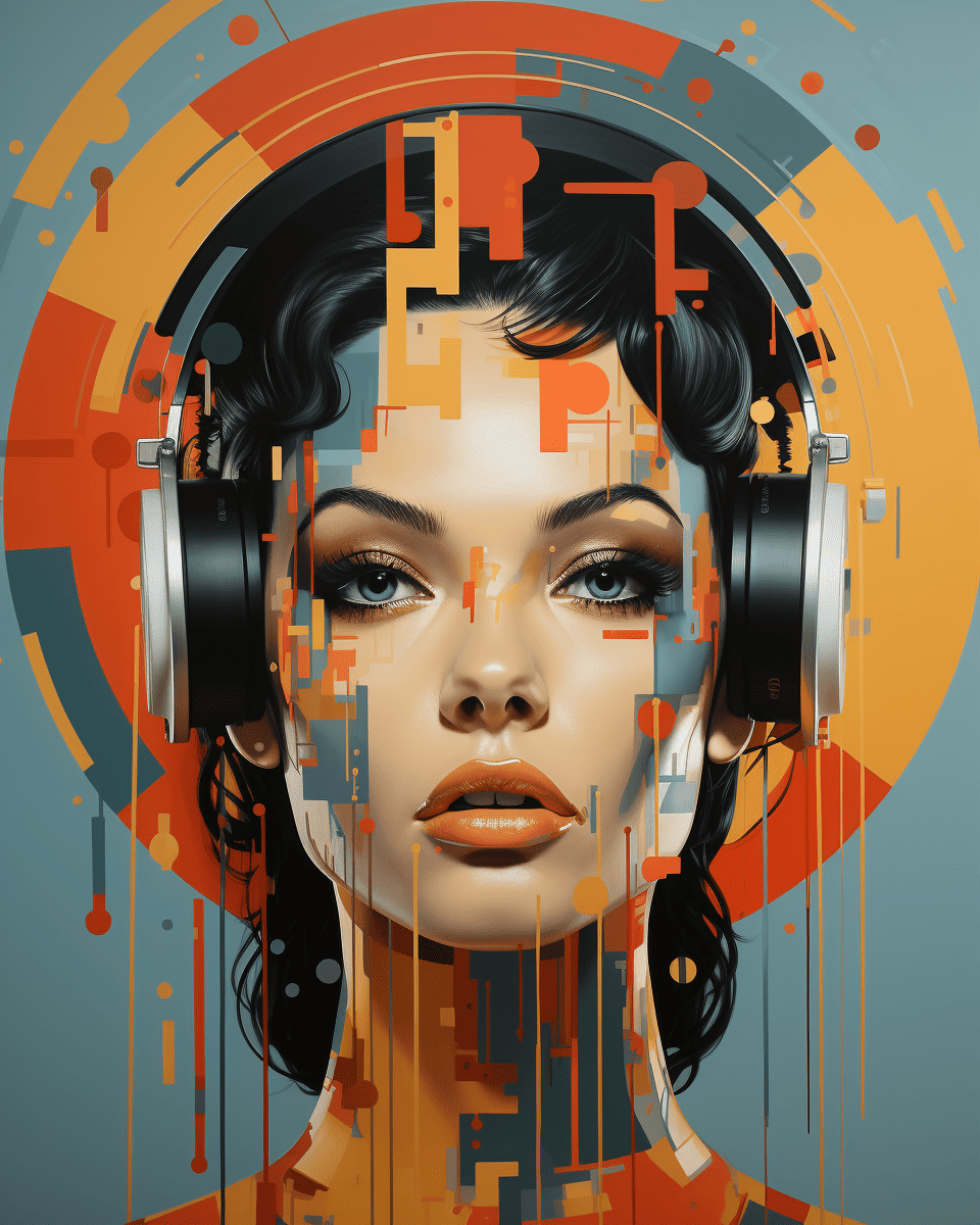 Woman with headphones with colour palette in the background.
